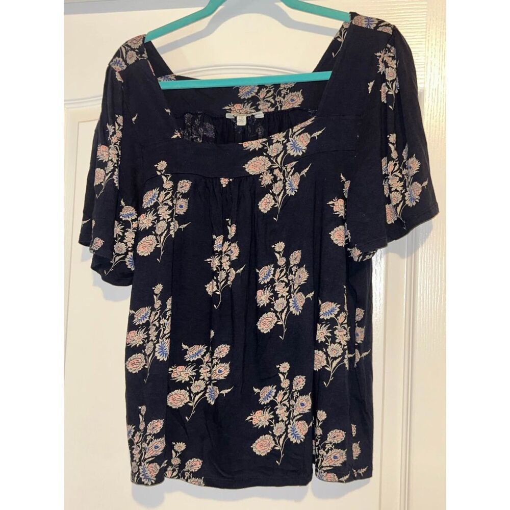 Lucky brand navy blue pink floral boho peasant top woman's size XXL